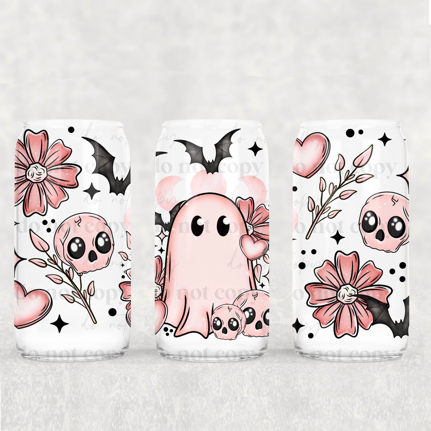 Pastel Floral Ghost 16 oz UV DTF Glass Can Wrap