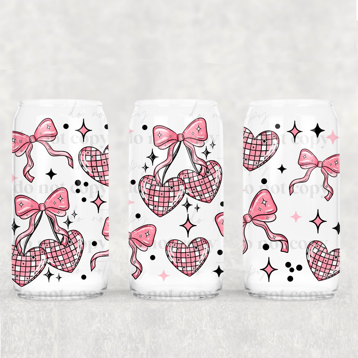 Checkered Heart Disco 16 oz UV DTF Glass Can Wrap
