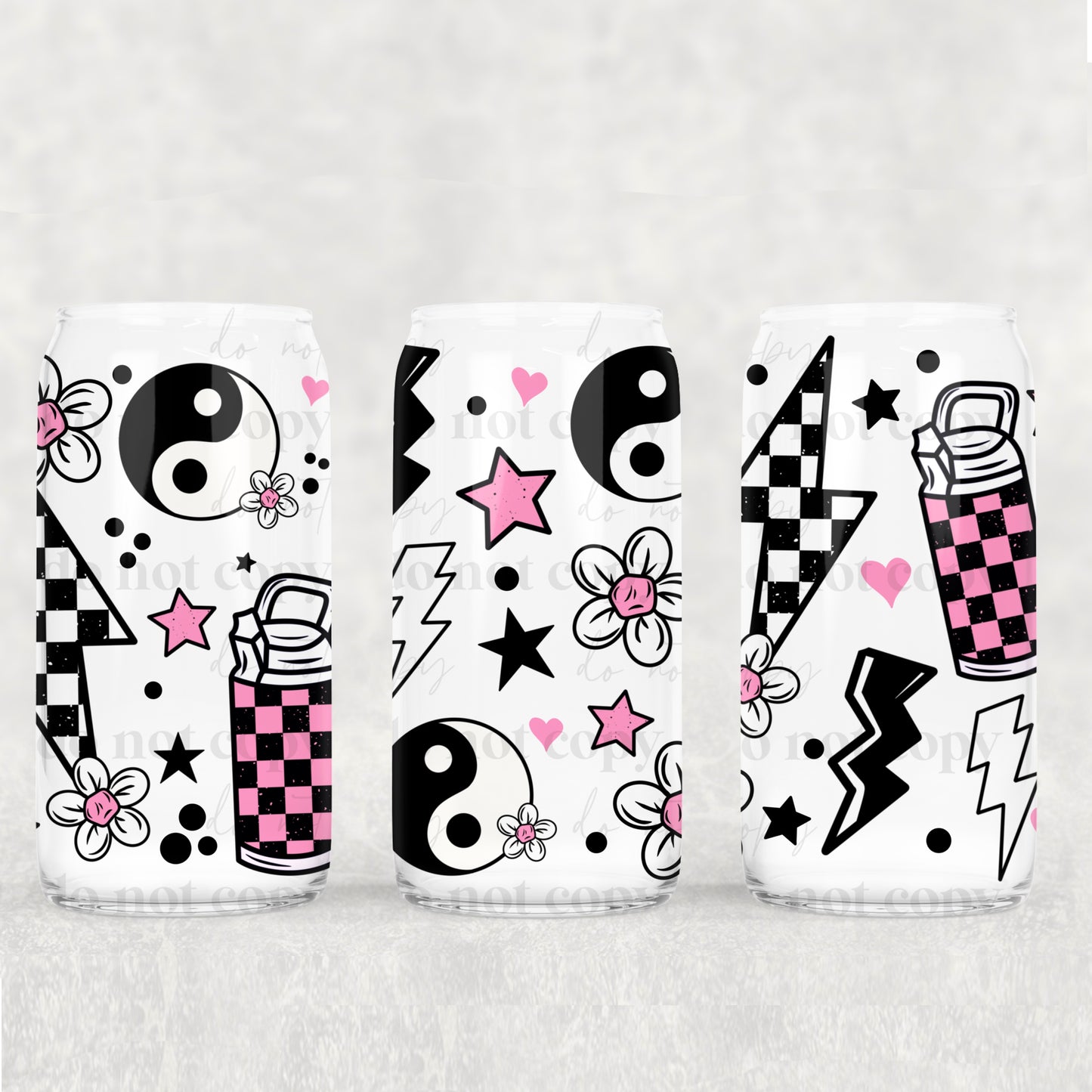 Yin and Yang Checkers Pink and Black 16 oz UV DTF Glass Can Wrap