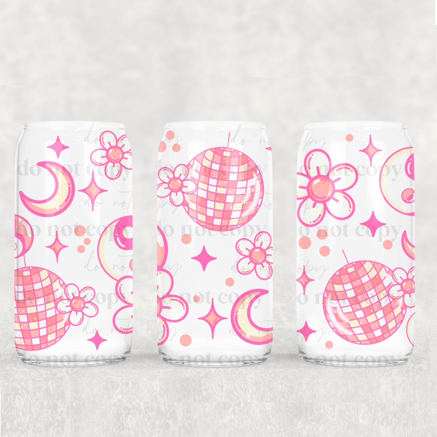 Pink Disco Ball 16 oz UV DTF Glass Can Wrap