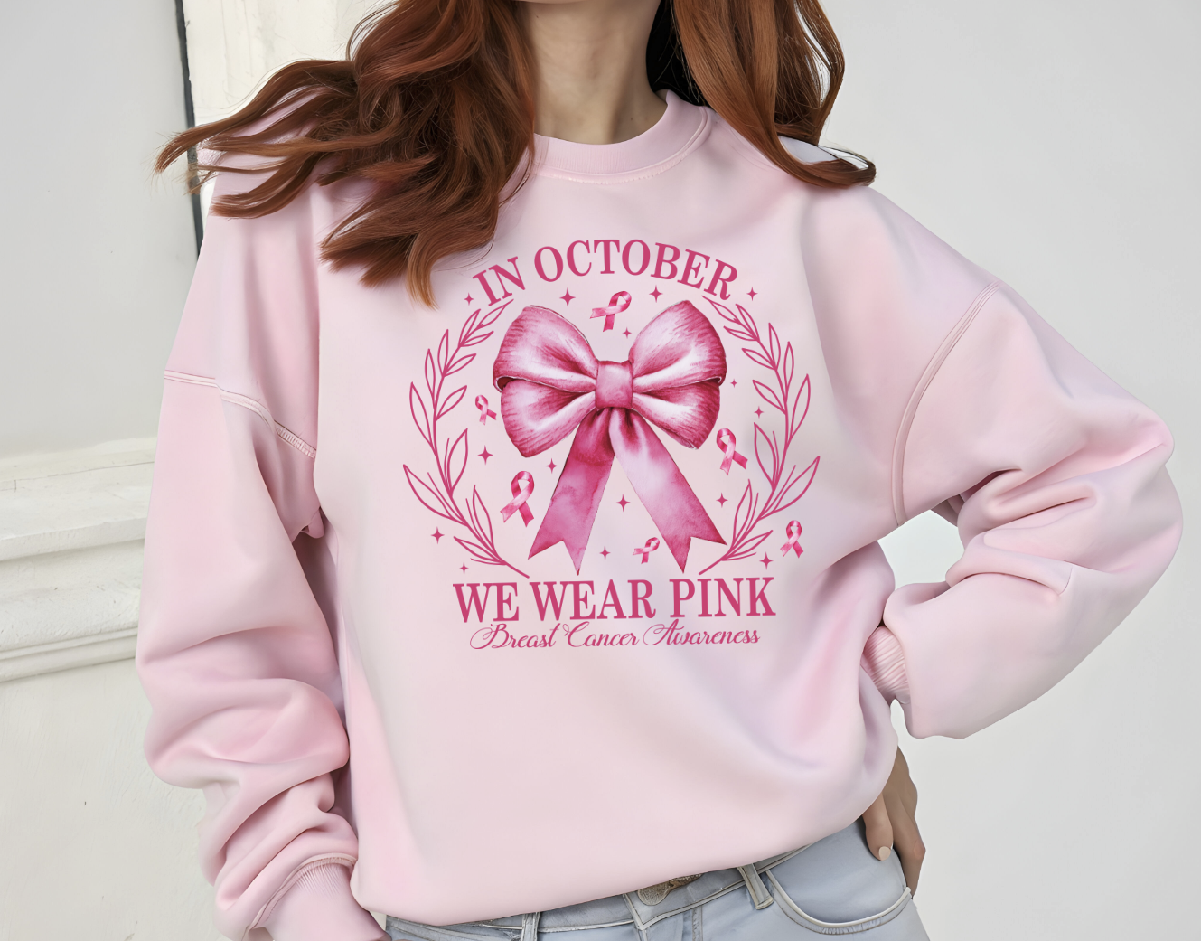 In October we wear pink coquette bow Cancer Awareness