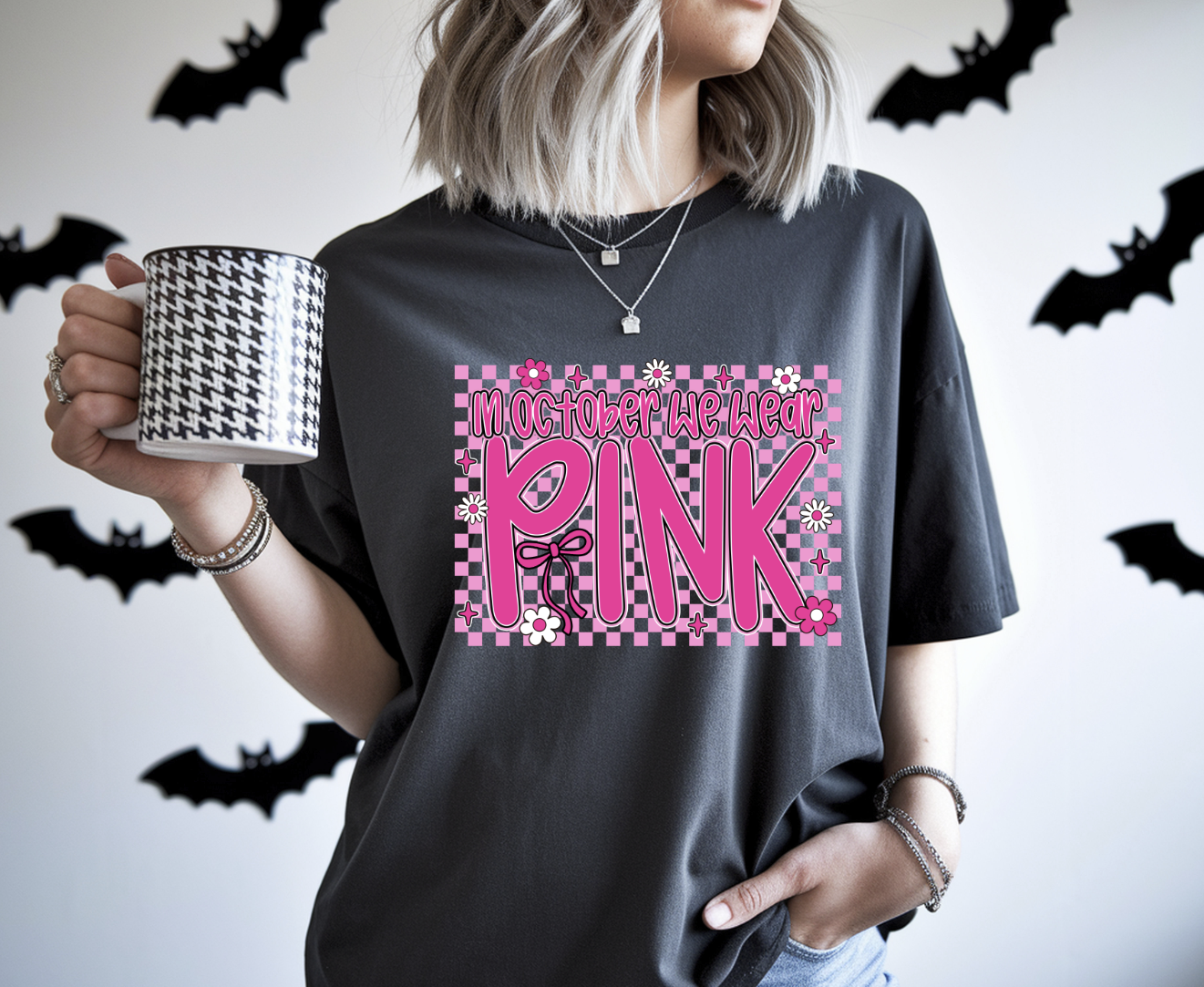 In October We wear pink cancer awareness checker