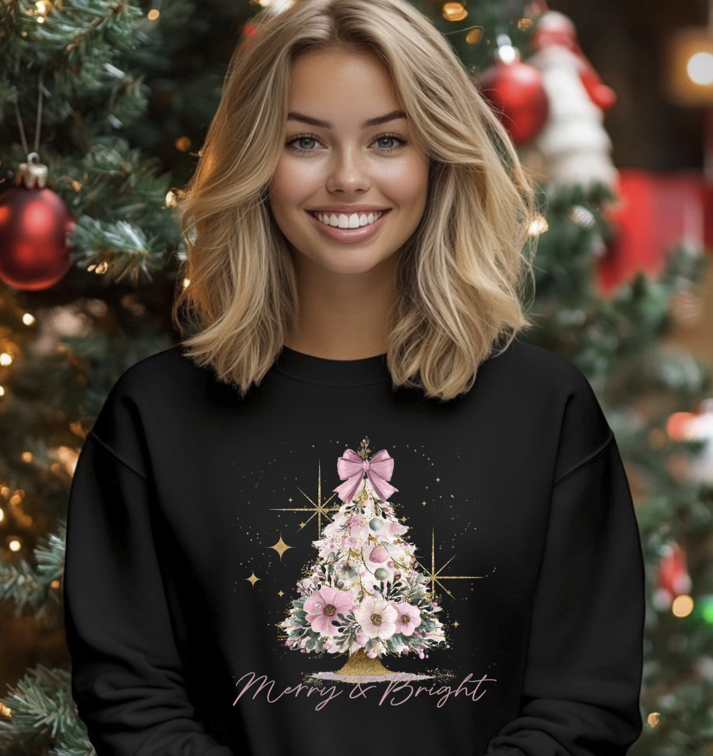 Merry and Bright Floral Christmas Tree DTF transfer