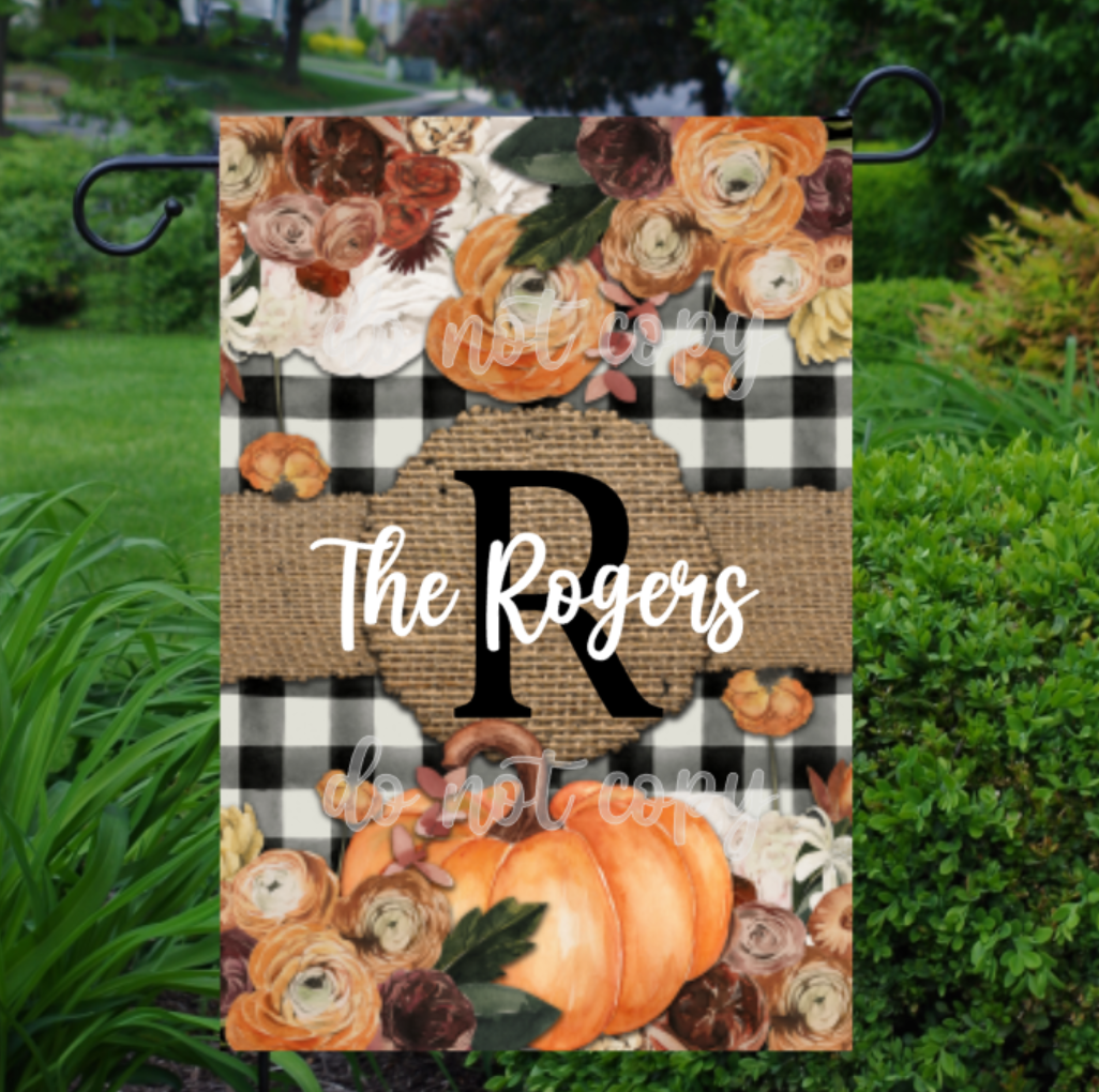 Fall Floral Pumpkin Buffalo Plaid Garden Flag