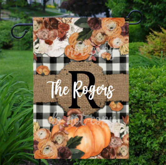 Fall Floral Pumpkin Buffalo Plaid Garden Flag