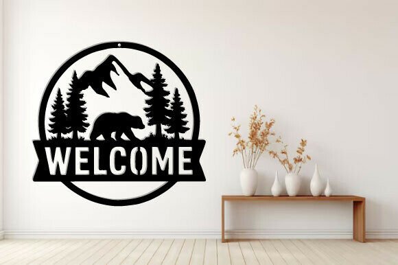 Plasma Cut Metal Sign Welcome Bears and Mountains