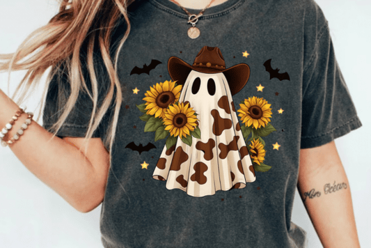 Cowboy Ghost Cow print and sunflowers