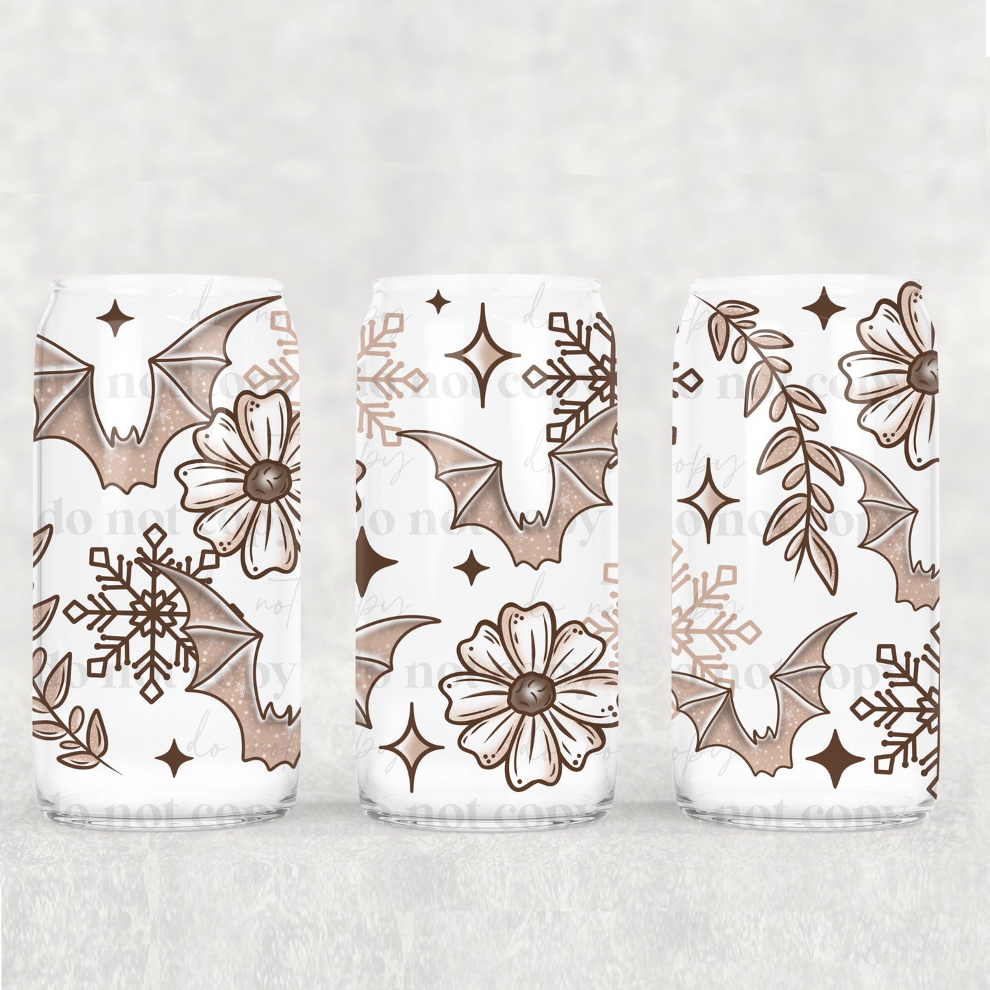 Boho Floral Bats 16 oz UV DTF Glass Can Wrap