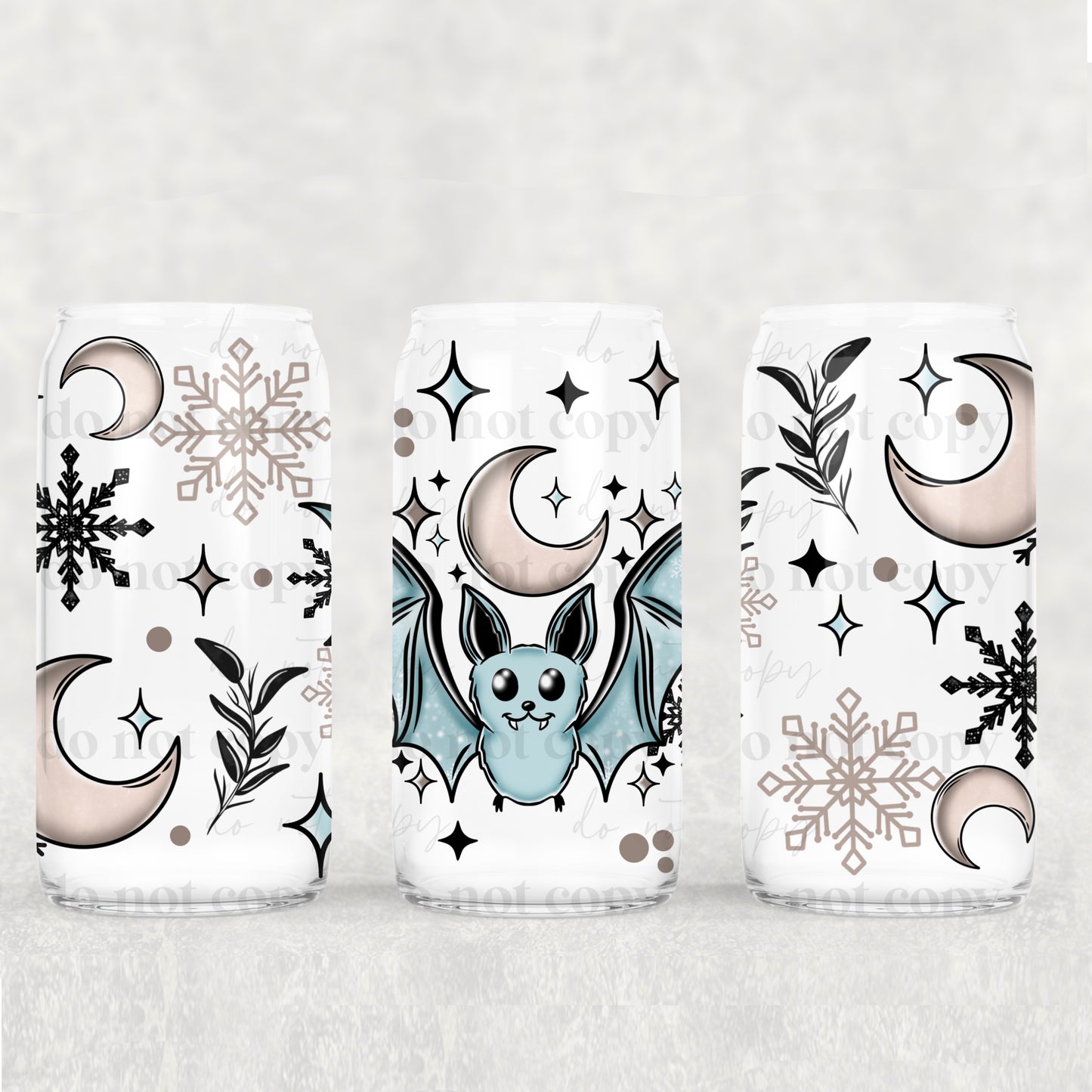 Snowflakes and Bats 16 oz UV DTF Glass Can Wrap