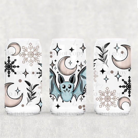 Snowflakes and Bats 16 oz UV DTF Glass Can Wrap