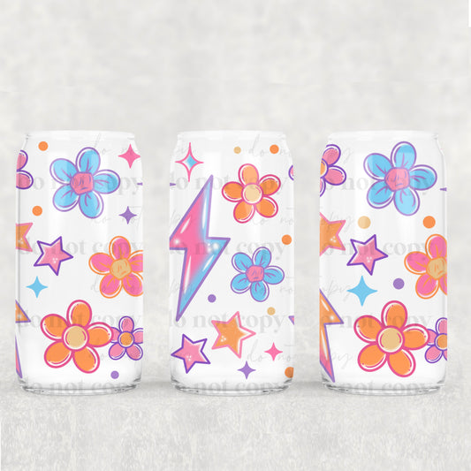 Bright Floral and lightning Bolts 16 oz UV DTF Glass Can Wrap