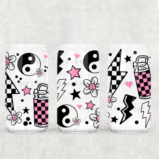Yin and Yang Checkers Pink and Black  16 oz UV DTF Glass Can Wrap