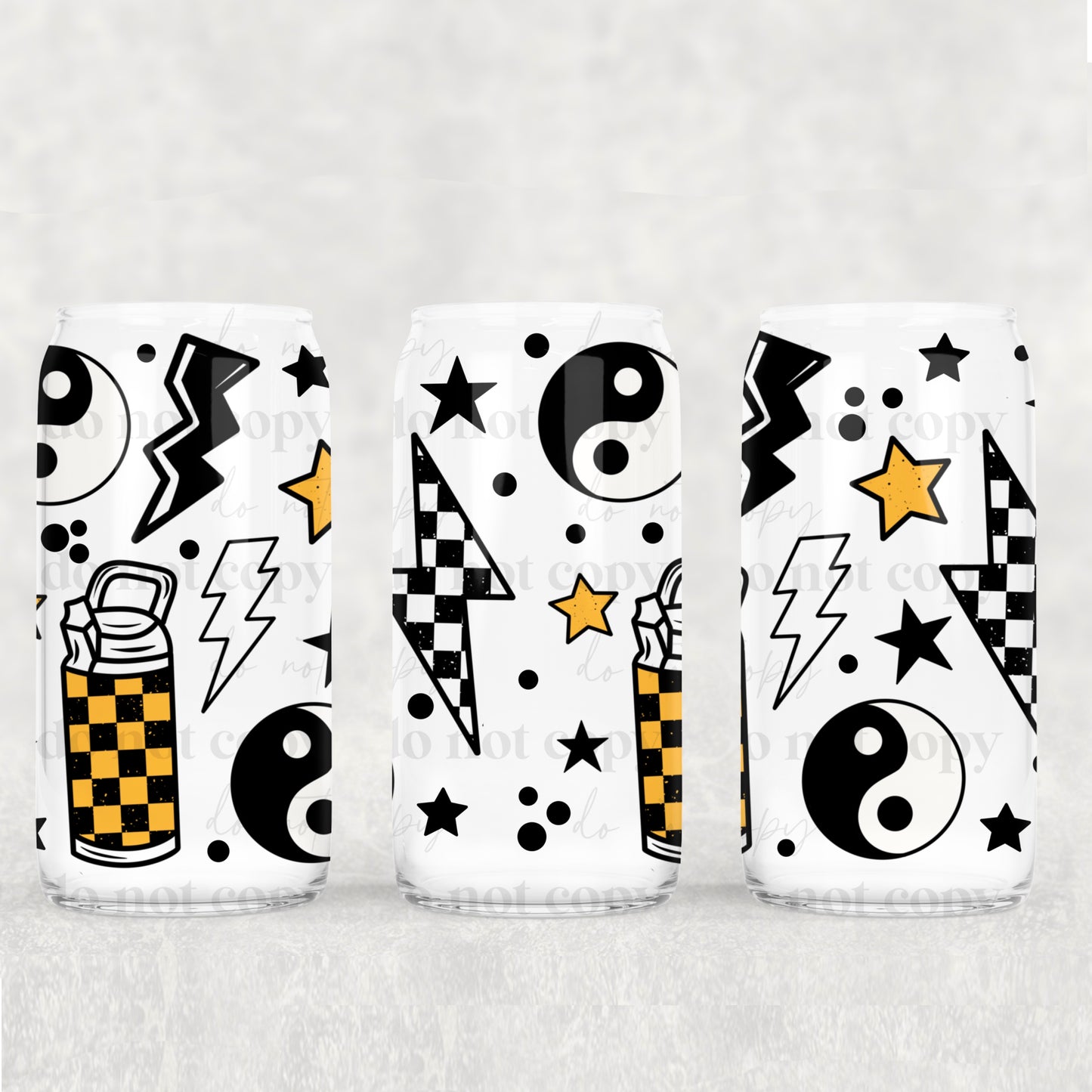 Yin and Yang Checkered yellow and black 16 oz UV DTF Glass Can Wrap