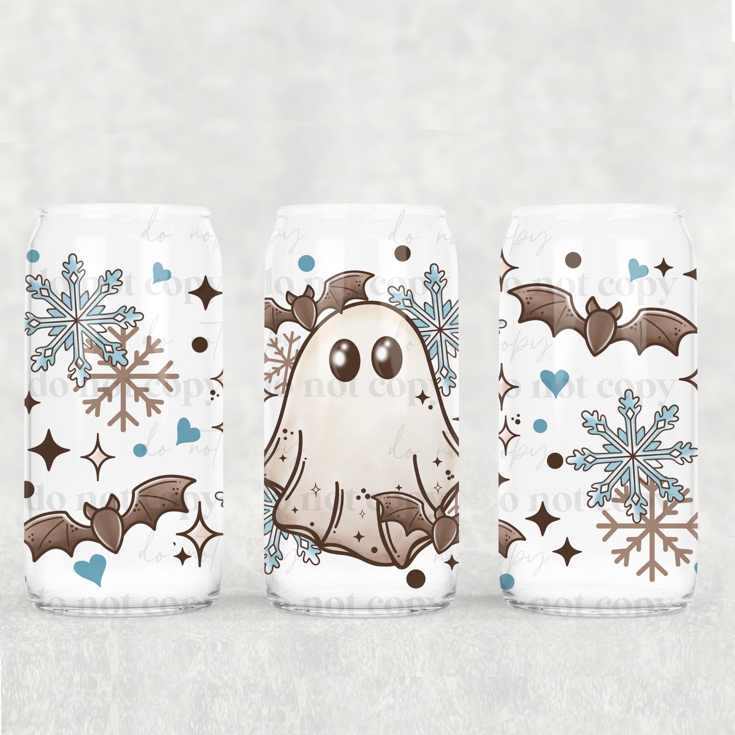 Winter Ghost and bats 16 oz UV DTF Glass Can Wrap