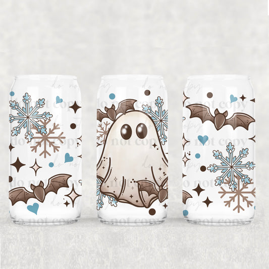Winter Ghost and bats 16 oz UV DTF Glass Can Wrap