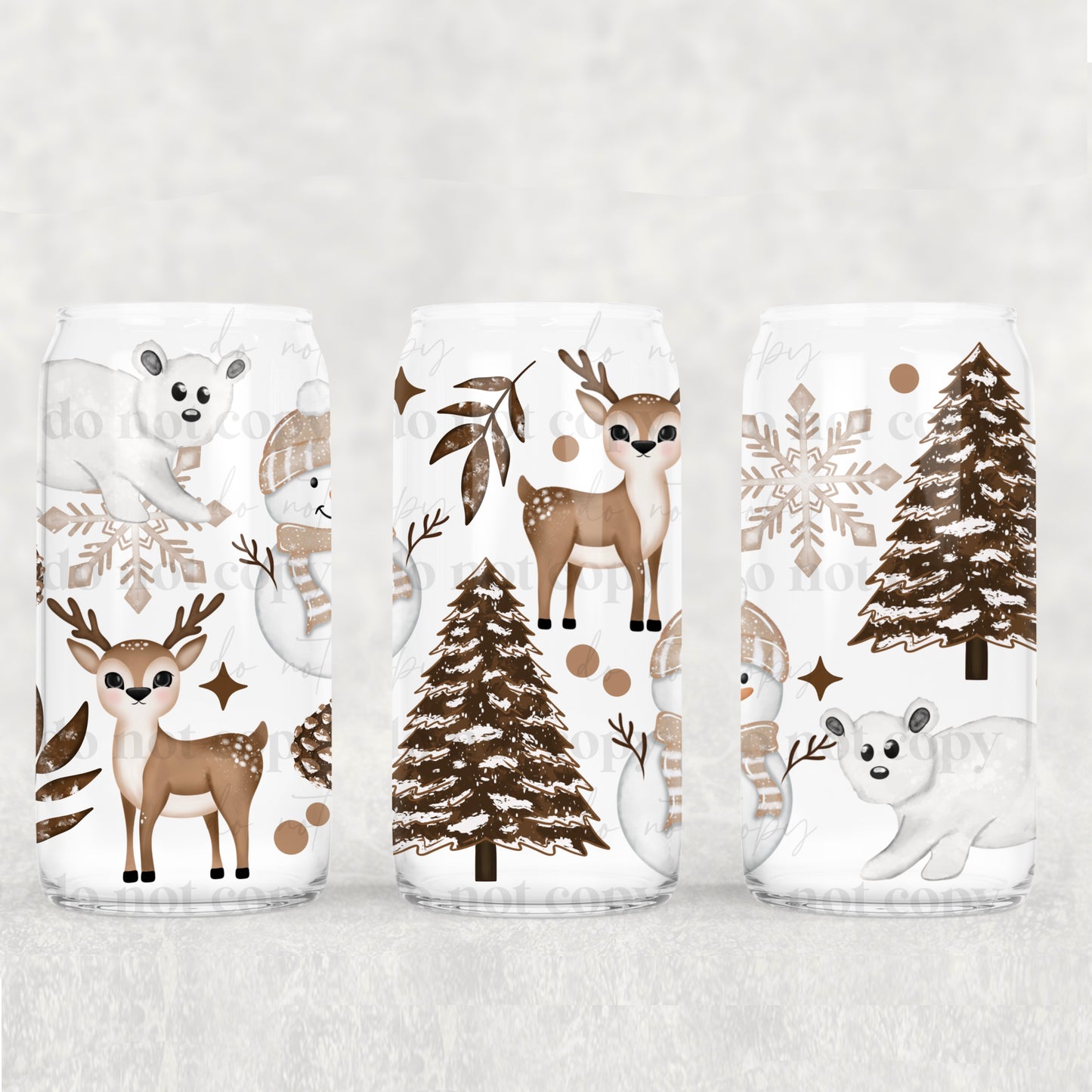 Winter Animals 16 oz UV DTF Glass Can Wrap