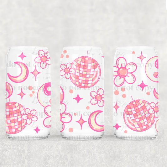 Pink Disco Ball 16 oz UV DTF Glass Can Wrap