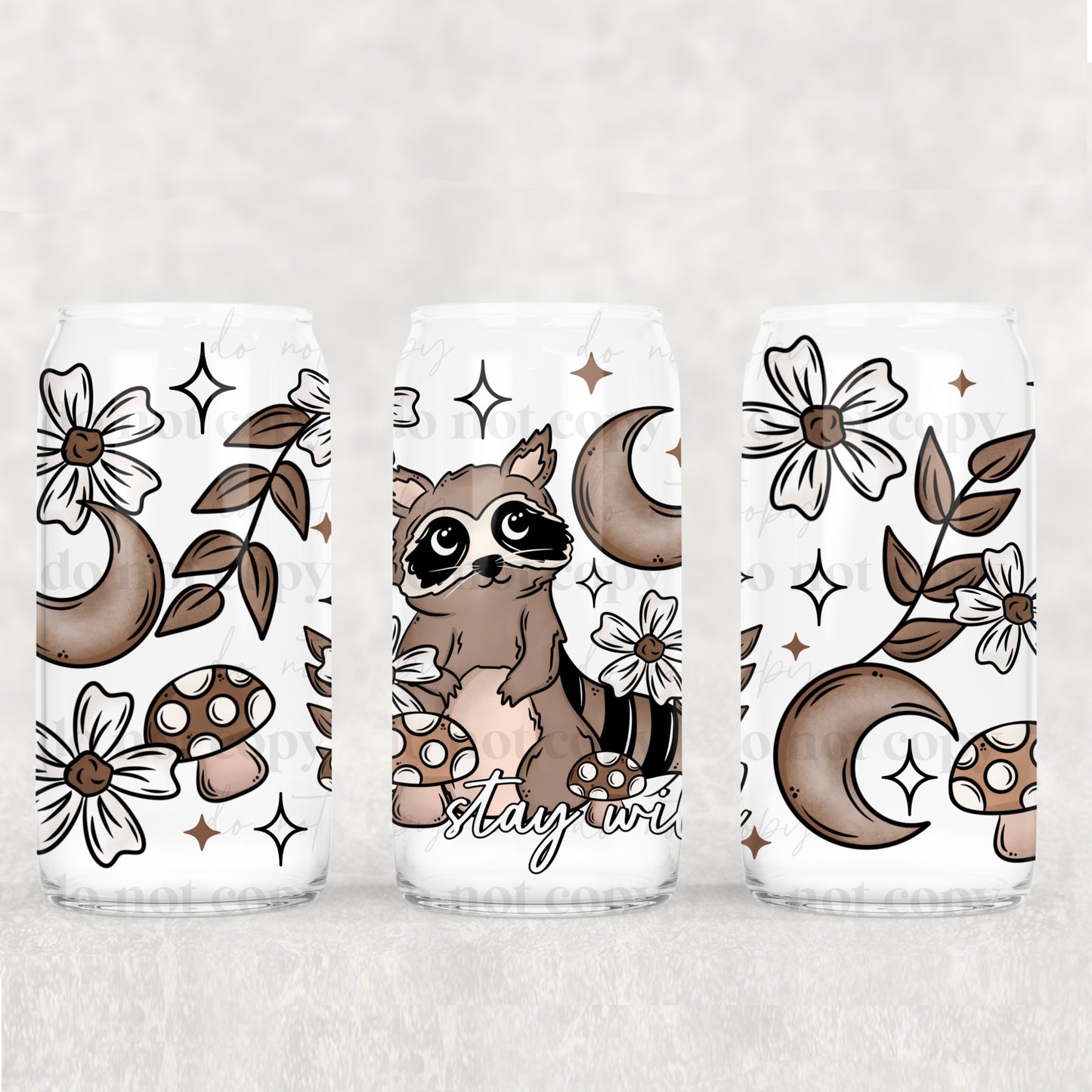 Boho Stay Wild Racoon 16 oz UV DTF Glass Can Wrap