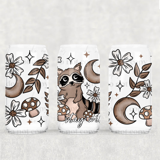 Boho Stay Wild Racoon 16 oz UV DTF Glass Can Wrap