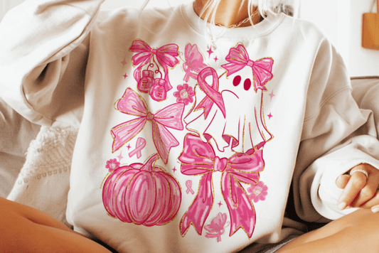 In October we wear pink ghosts pumpkins and bows