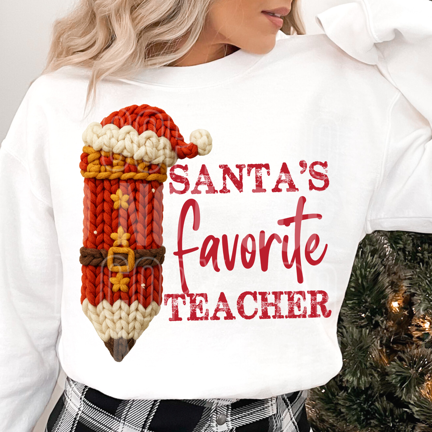 Santa's Favorite Teacher Faux Yarn DTF transfer