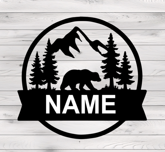 Bear and Mountain Round Metal Plasma Cut Sign