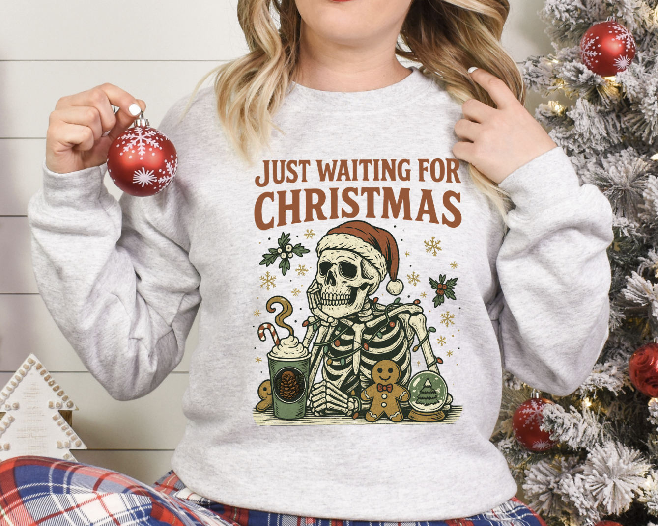 DTF transfer Just waiting for Christmas Skeleton