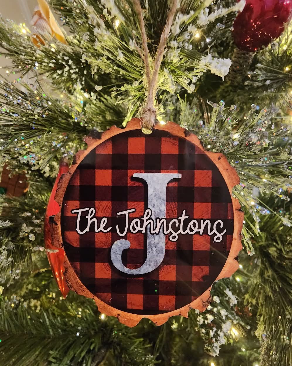 Buffalo plaid faux wood slide Christmas Ornament