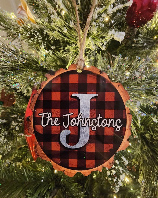Buffalo plaid faux wood slide Christmas Ornament