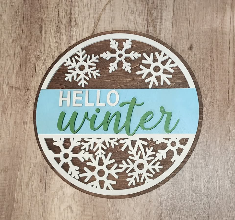 Hello winter laser cut 16 inch wooden door sign