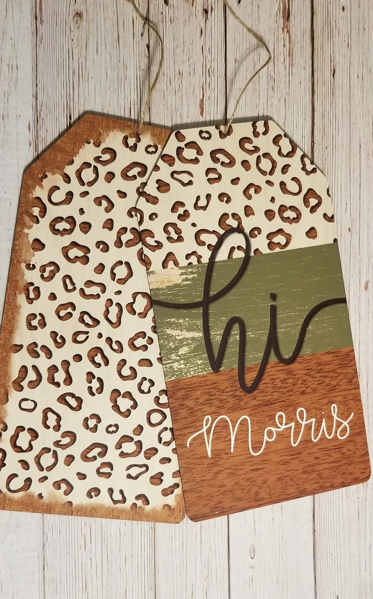 Leopard Print “Hi” Door Tag Sign – Personalized Rustic Welcome Decor ...
