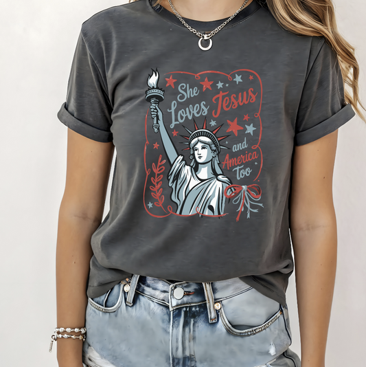 She loves Jesus and America too July 4th Patriotic DTF Transfer