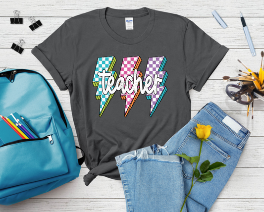 Teacher Retro Checkered Lightning Bolt